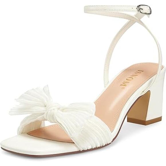 Isnom Womens Size 7 White Bow Open Toe 2.75" Block Heel Ankle Strap Sandal Shoes - Picture 1 of 7